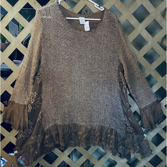 NWT INDIGO THREAD CO. Mixed Fabrics Brown Asymmetrical Lagenlook Tunic XL - Picture 1 of 11